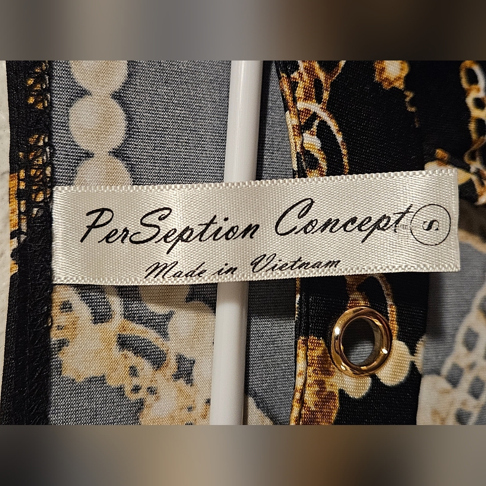 PerSeption Concept Black and Gold Chain Print Blouse Size Small - Picture 3 of 4